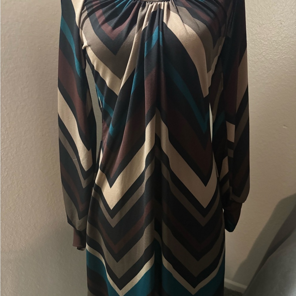 Teal & Brown Chevron Long-Sleeve Dress – Size S
